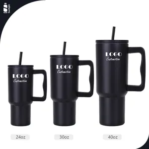 Produk trendi 2024 cangkir minum logam 30oz 24oz Mug terisolasi vakum dinding ganda 40oz Tumbler hitam dengan pegangan Logo kustom