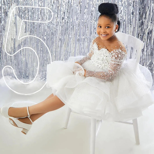 Bambine bianche abiti da ragazza fiore per matrimonio su misura collo trasparente maniche lunghe con paillettes in pizzo per festa di compleanno - Product Image 6