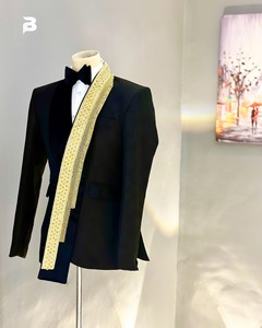 Custom Zwarte Mannen Pakken Voor Bruiloft Prom Party Slim Fit Bruidegom Smoking Gouden Revers 2 Stuk Beste Man <span class=keywords><strong>Blazer</strong></span> Nieuwste Jas Broek Ontwerp - Product Image 6