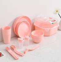 Ensemble de vaisselle de camping en plastique portable, kit de vaisselle de pique-nique d'extérieur avec boîte de rangement, assiette, bol, tasse, couverts réutilisables