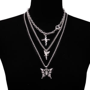 Layered Necklace Set Butterfly <b>Cross</b> Pendant Zinc Alloy Multi <b>Chain</b> Fashion Street Style Clavicle <b>Chain</b> Geometric Design - Product Image 2
