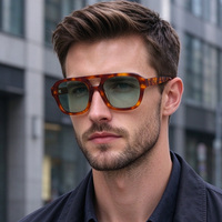 Lunettes de soleil carrées rétro à double pont pour hommes, monture écaille de tortue, verres vert clair, logo personnalisé, en acétate – Collection 2026 (vente en gros)