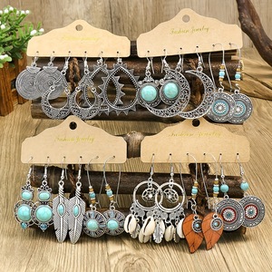 Boucles d'oreilles pendantes en alliage de bijouterie fantaisie, incrustation turquoise, plumes, style bohème, pour femmes, lot de boucles d'oreilles - Product Image 1