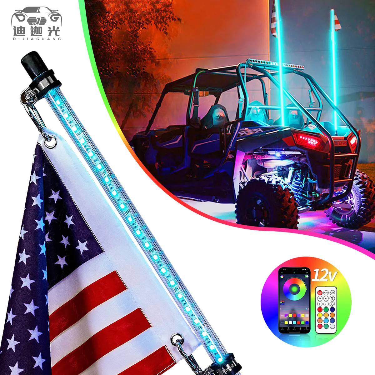 2ft 4ft 21 modalità RF Wireless Remote USA Flag LED Antenna a frusta illuminata per RZR Can-Am Polaris LED Whip Light per UTV ATV