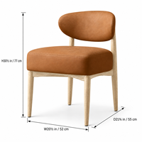 Chaise de salle à manger rembourrée sans accoudoirs avec dossier incurvé ouvert, pieds en bois massif, assise aspect cuir cognac, pour la maison ou le café