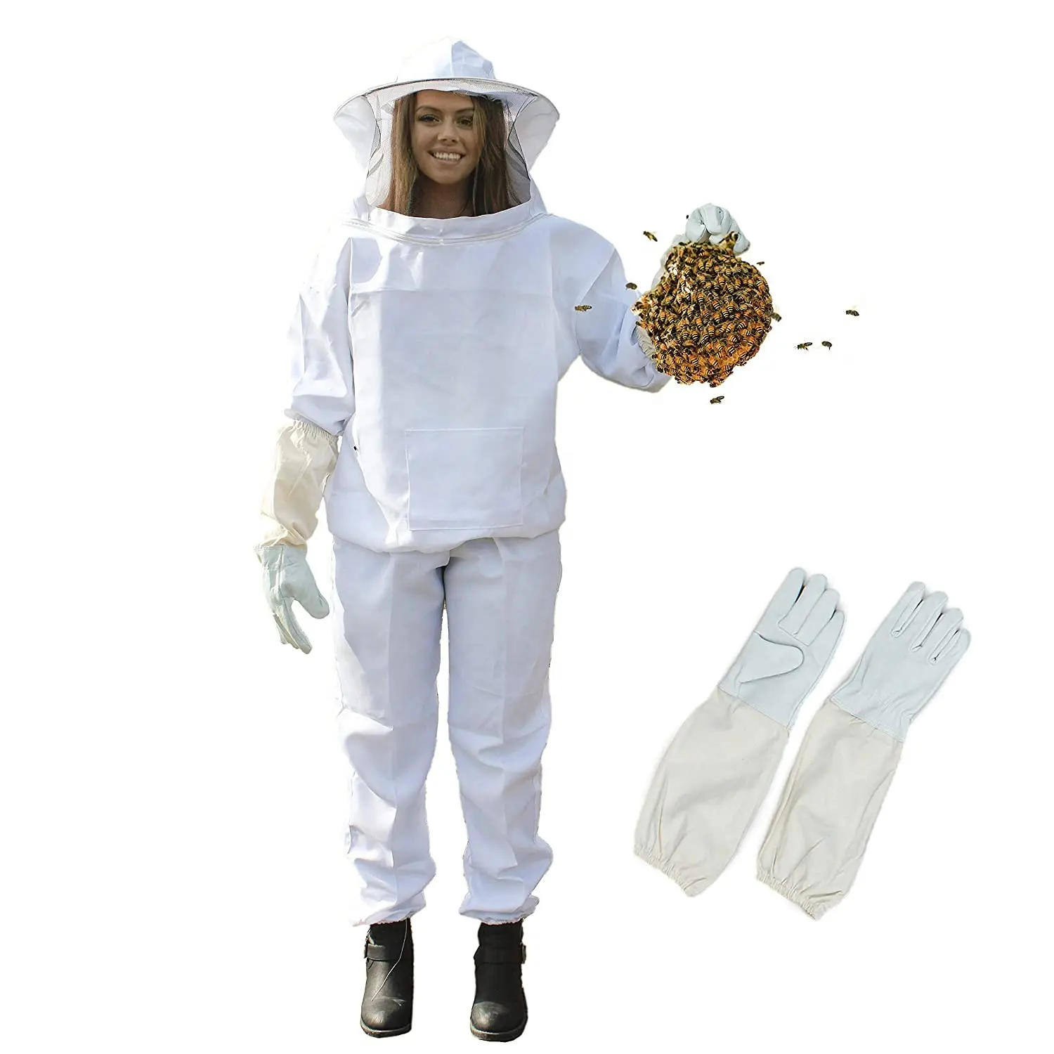 Setelan Lebah untuk Wanita, Pria, Profesional, atau Pemula-Pakaian Penjaga Lebah Seluruh Tubuh, Jaket Lebah Pelindung dengan Tudung, Celana, Sarung Tangan