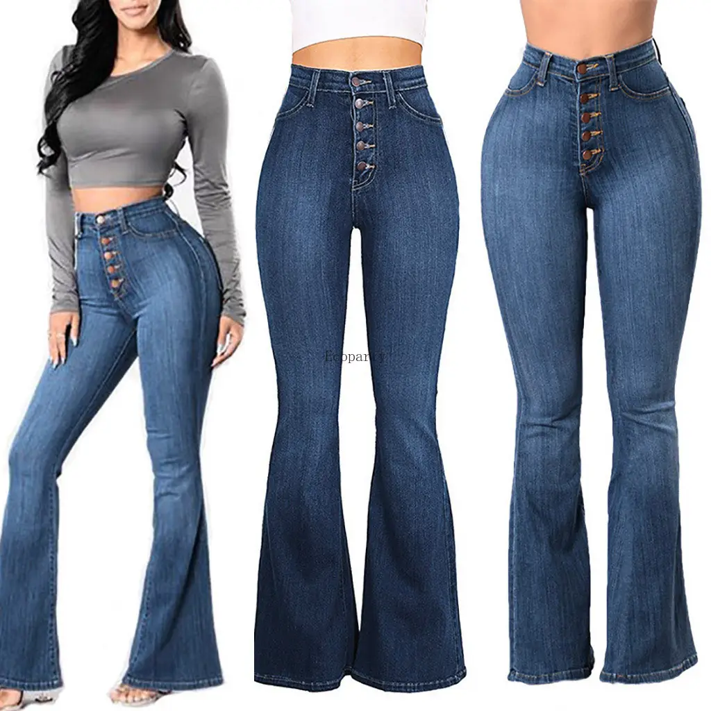 Straight-breasted Flared Jeans Women Autumn Elastic Plus Loose Denim Pocket Button Casual Boot Cut Pant Women's Slim Jeans