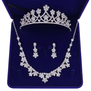Wholesale Girl Bling Bride Hair Accessories Queen Crown and Tiaras Princess green Crown necklace jewelry set for fashion women