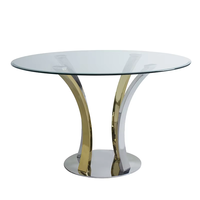Table à manger ronde de haute qualité avec plateau en verre, base en métal et finition laiton antique, 4 places, mobilier écologique pour la maison