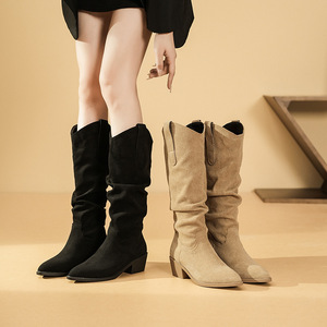 Bottines mi-mollet occidentales pour femmes en daim à bout pointu, talon carré, à enfiler, respirantes, hauteur de talon 5 cm, couleur unie - Product Image 2