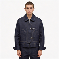 Veste en jean zippée unie pour homme, coupe oversize courte, design de boutons personnalisé, en polyester-coton épais 14 oz