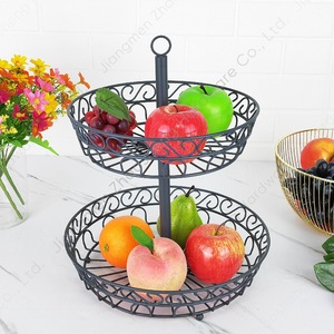 Double Layer Fruit Basket Grey Wrought Iron Round <b>Standing</b> Type Durable Kitchen Storage Basket For Home Use - Product Image 1