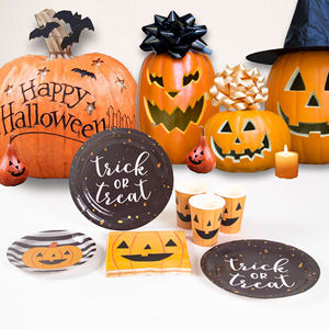 Juego de <span class=keywords><strong>vajilla</strong></span> de personalización de tema de Halloween sirve 8 patrón de calabaza lindo completo incluye 7 "/9" platos de papel vasos servilletas - Product Image 1