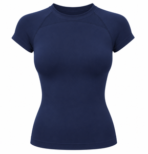 Camiseta de Yoga para Mujer, Sólida, con Parches Bordados, Sin Costuras, Ajustada, Cuello Redondo, Manga Corta, Secado Rápido, Tejido de Punto, Top Deportivo para Gimnasio y Entrenamiento - Product Image 1