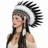 Coiffe en Plumes Véritables Premium Inspirée des Peuples Indigènes, Noir et Blanc, pour Soirées d'Halloween, Séances Photo, Spectacles de Danse et Événements