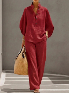 Lockerer Stehkragen-Leinen-Zweiteiler mit Fledermausärmeln und Weiten Hosen - Lässiges Alltags- und Urlaubsoutfit für Damen - Product Image 3
