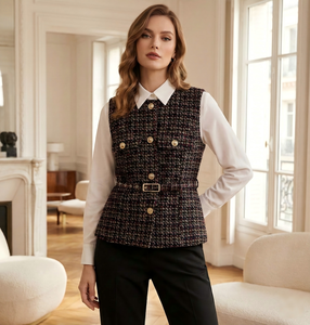Nouveau <span class=keywords><strong>gilet</strong></span> texturé élégant et polyvalent pour <span class=keywords><strong>femme</strong></span>, col rond, sans manches, <span class=keywords><strong>avec</strong></span> <span class=keywords><strong>ceinture</strong></span> décorative, collection automne-hiver 2025 - Product Image 1