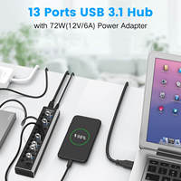 Station d'accueil RSHTECH en aluminium 10 Gbps, concentrateur USB alimenté 72 W, interrupteurs individuels, 13 ports USB 3.1 Hub Gen 2 pour accessoires PC