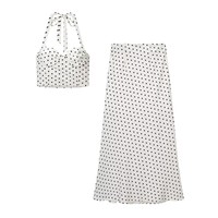 Ensemble 2 pièces pour femme, nouveau, été, décontracté, imprimé à pois, mode, sexy, dos nu, col ras du cou, col licou, taille haute, jupe mi-mollet