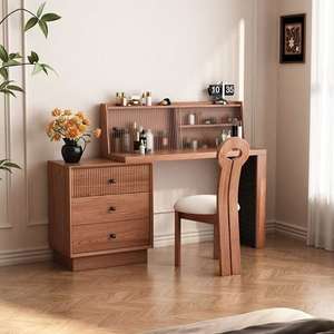 Dressing <b>Table</b> And Chest Of Drawers Combined Oak Wood Extendable Bedroom <b>Makeup</b> Vanity With Storage Cabinet - Product Image 4