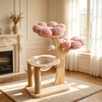 Arbre à chat BloomPod 96 cm de luxe moderne avec 4 niveaux, perchoirs en peluche rose, bol en acrylique transparent, poteaux en sisal, jouet nuage et garniture en fourrure
