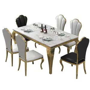 Marble Top Dining Table Luxury Golden Stainless Steel 6 8 Chairs Seater Modern Gold Wedding Dinning Table and Chair Set