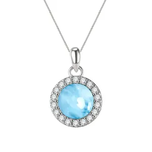 Wholesale 925 Sterling Silver Jewelry Round Shape Blue Natural Larimar With White CZ Pendant Larimar Necklace