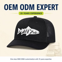 Casquette de camionneur OEM ODM avec patch paysage naturel poisson truite, broderie 3D, maille, snapback, 6 panneaux, coton, petit MOQ, Barudan, DDP, expédition rapide
