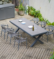 Ensemble de table à manger extensible de luxe pour jardin, 12 ou 14 personnes, verre trempé, chaise en aluminium et rotin d'extérieur