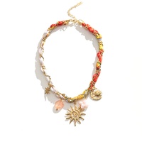 Kalung Rantai Sutra Bohemian Bahan Stainless Steel Berlapis Emas 18K dengan Liontin Bunga Matahari, Hati, dan Jamur Buatan Tangan untuk Wanita