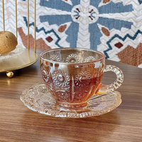 Tasse et soucoupe à café ou thé noir, motif tournesol gravé, style rétro européen, en ambre exquis