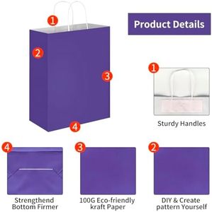 Bolsas de Papel Kraft Moradas con Asas, para Fiestas de Cumpleaños, Compras, Reciclables, Personalizables, para Llevar Comida - Product Image 3