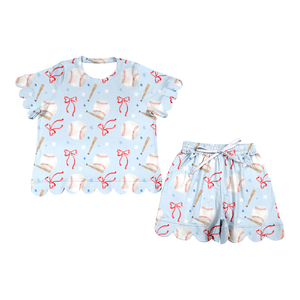 เสื้อยืดผ้าฝ้ายพิมพ์ลายเบสบอลโบว์สีน้ำเงินแบบกำหนดเอง GSSO3704 สำหรับผู้หญิงวัยผู้ใหญ่ ขายส่งเสื้อผ้าบูติก - Product Image 1