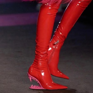 Custom Teeth Shape Wedge Heels Women's Skintight Over Knee Boots Pointed Toe Patent Long Booties Thigh High <b>Shoes</b> - Product Image 5