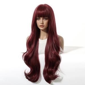 Nouvelle <span class=keywords><strong>perruque</strong></span> complète pour femme, cheveux longs bouclés bordeaux, grandes ondulations, simulation naturelle, style Ruili, peut être teinte, fabriquée à la machine, pour l'exportation - Product Image 2
