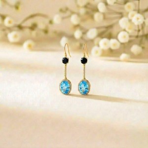 Natural Sky Blue Topaz and Black Obsidian Oval Round <b>Dangle</b> <b>Earrings</b> in 925 Sterling <b>Silver</b> or 18K Gold Filled Faceted Gemstone - Product Image 2