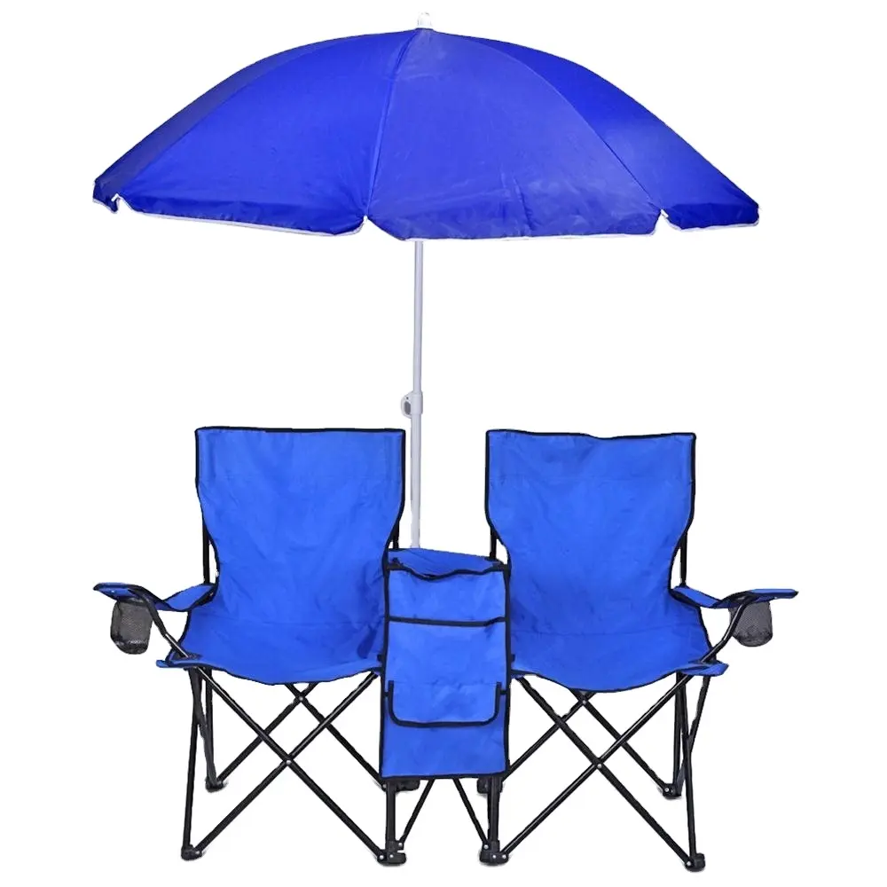 Custom outdoor folding two seater camping double beach lover chairs lightweight foldable modern umbrella chairs with cup holder