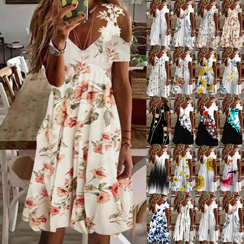 2022 New Summer Cotton Faux Print Off-Shoulder Lace Dress Women Beach Holiday Fashion Dresses Ladies Loose Casual Dresses 3XL