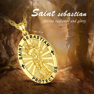 Nuevo Collar con Colgante de San Sebastián, Talismán Religioso Grabado en Esmalte Negro Chapado en Oro de 18K - Product Image 5