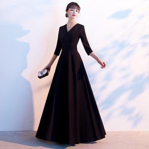 Evening Gown Elegant V Neck A Line Long Dress Natural Waist Black Off White Wine Red Hostess Performance Attire - Product Image 3