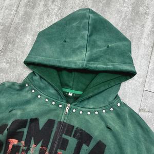 Sweat à capuche vintage streetwear imprimé graphique, sweat à capuche personnalisé en tissu lourd avec strass, sweat à capuche en molleton français délavé à l'acide, sweat à capuche zippé délavé - Product Image 3