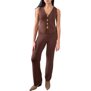 Hot Sale <b>Sexy</b> Sleeveless Cardigan Knitted Sweater Straight High Waisted Women's Trousers <b>Set</b> Fashion - Product Image 4