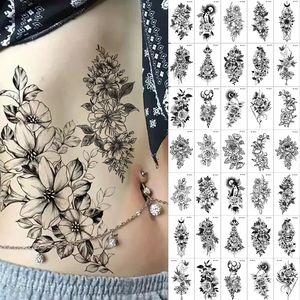 30 piezas/juego de pegatinas de tatuaje impermeables negras con letras, hojas, flores y mariposas para el cuerpo y el brazo, <span class=keywords><strong>tatuajes</strong></span> temporales falsos para chicas. - Product Image 1