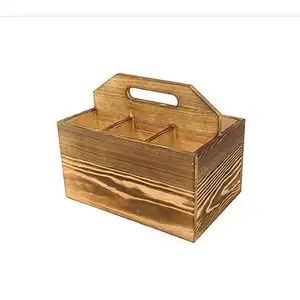 Rustic Kitchen Decor Silverware Organizer Wood Utensil & Napkin Holder Flatware Caddy with Handle