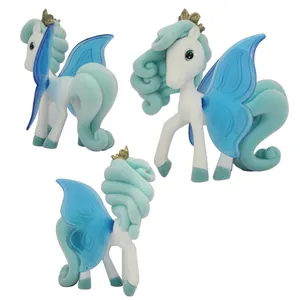 Mini Butterfly Flying Horse Small Pony With Blue Wings Flocked Plastic Cartoon Figures Doll Toy for Kids