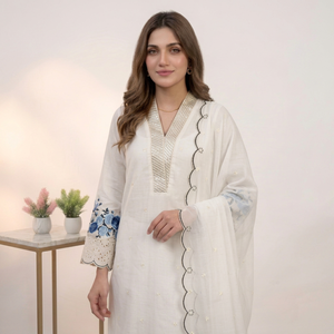 White Embroidered <b>Indian</b> Pakistani <b>Top</b> Elegant V Neck Long Sleeve Salwar Kameez Blouse for Wedding Party - Product Image 4
