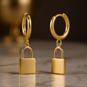 Orecchini a Cerchio a Forma di Lucchetto Dorato, Placcati in Oro 18K, Stile Classico per Uso Quotidiano Femminile E3298 - Product Image 2