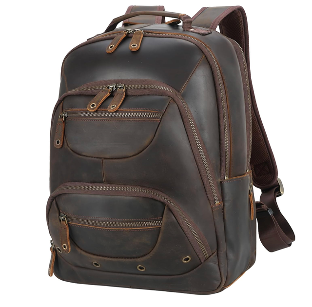Men's Full Grain Leather Backpack Fits 16" Laptop, Vintage Business Casual Daypack 19L Overnight Travel Rucksack