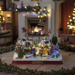 Decoración <span class=keywords><strong>de</strong></span> Casa Navideña Artesanal Original Personalizada Pintada a Mano Villa <span class=keywords><strong>de</strong></span> Navidad con Luz LED y Santa en Trineo con Movimiento Ascendente y Descendente - Product Image 1