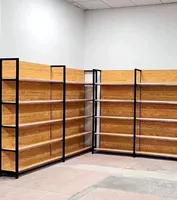 Étagère Gondole Commerciale Robuste pour Supermarché, Présentoir Îlot Double Face Pliable, Aspect Bois, Métal, Économique pour la Vente au Détail